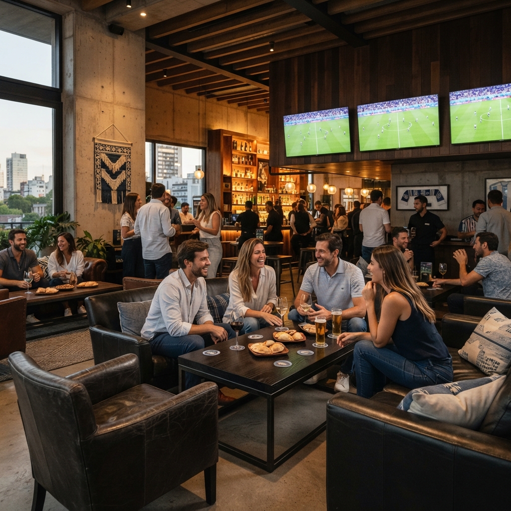 Modern sports lounge interior with multiple large screens and comfortable seating