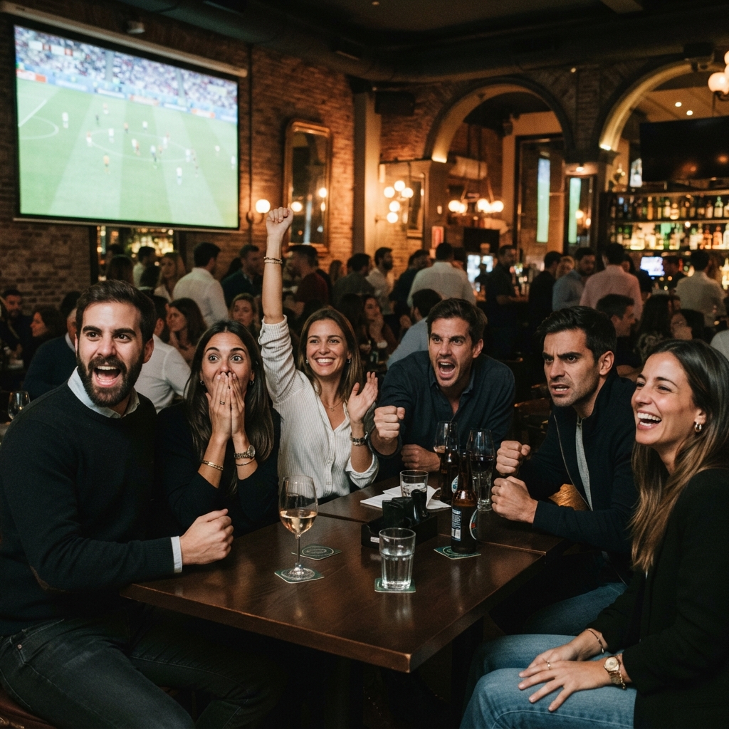 Adult friends reacting together to a football match in a sports lounge