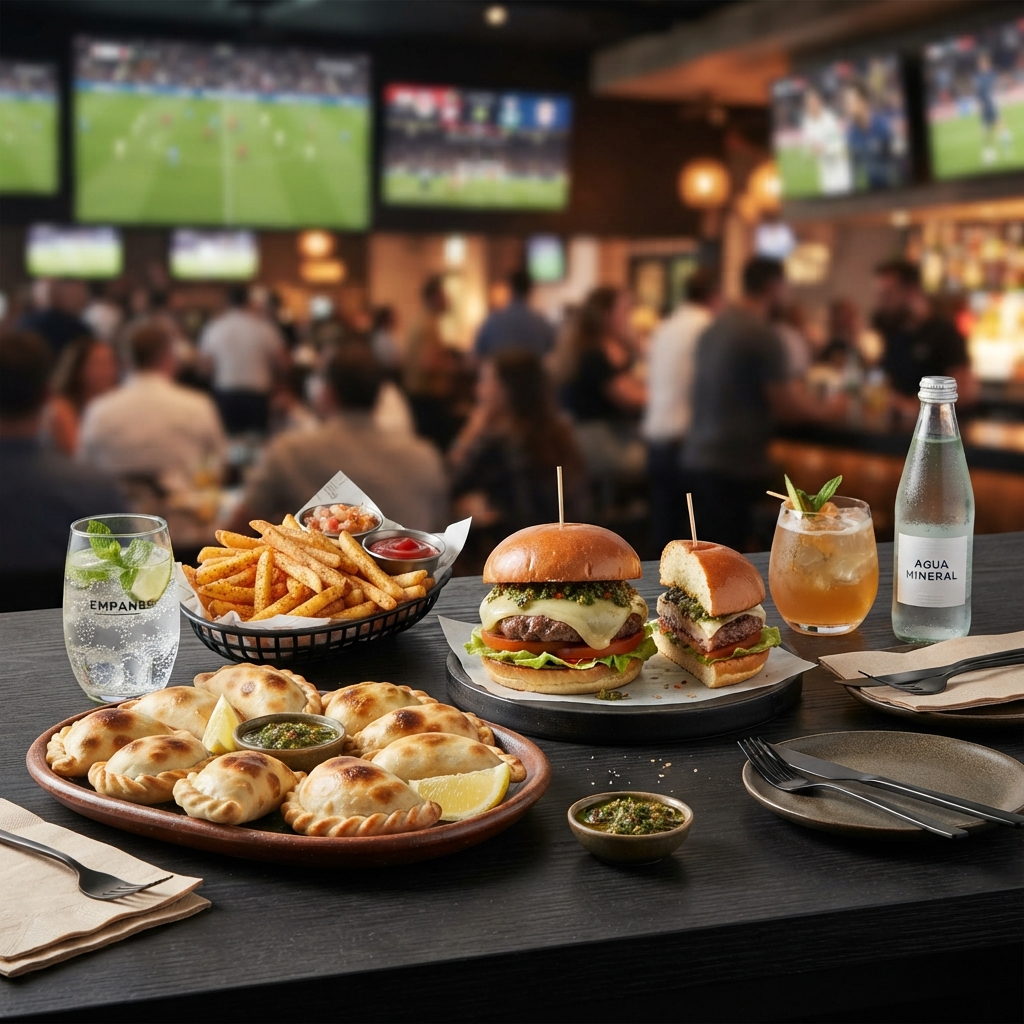 Argentine-inspired sharing food and non-alcoholic drinks on a sports lounge table