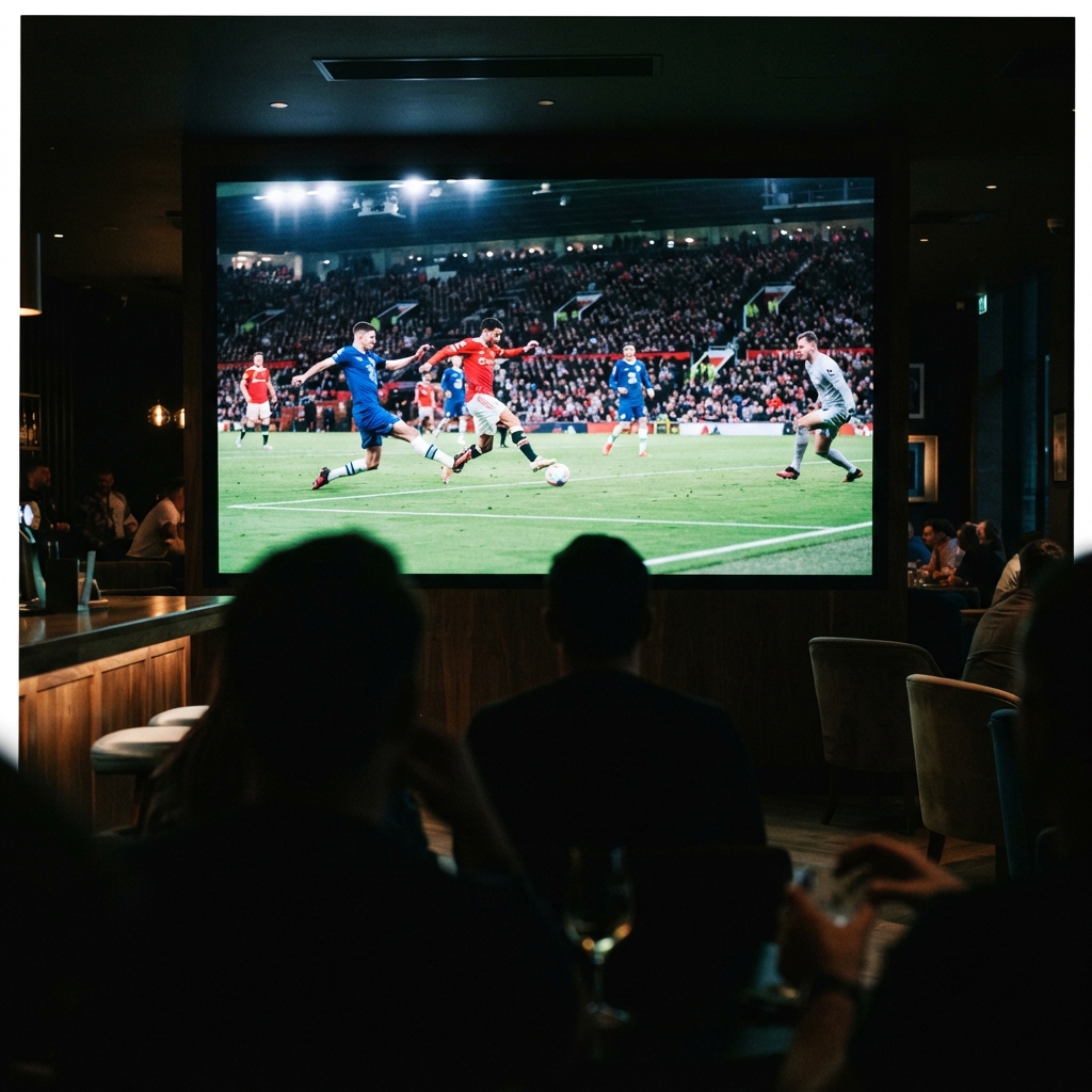 Large sports screen viewed from inside the lounge