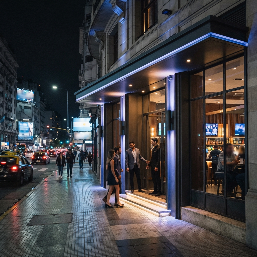 Night-time sports lounge exterior in Buenos Aires
