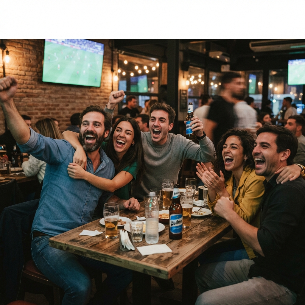 Group of adult friends celebrating a sports moment together